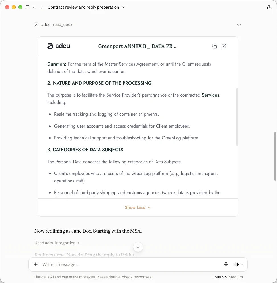 Claude Desktop with the Adeu integration reading a data processing annex, then starting the redline of the master services agreement.